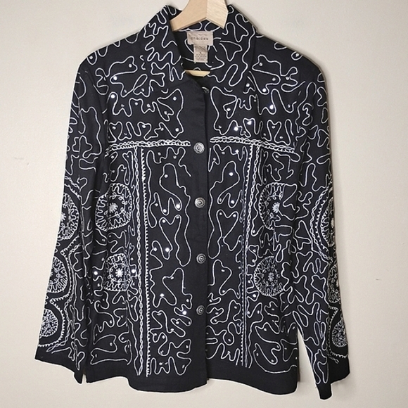 Choices Embroidered Jacket Black White Boho Artsy Casual Western Style - Picture 2 of 9